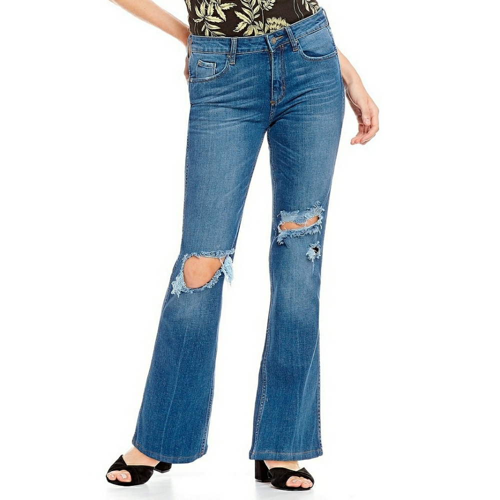 New! FREE PEOPLE Ripped Flare Blue Jeans Denim - Picture 2 of 6